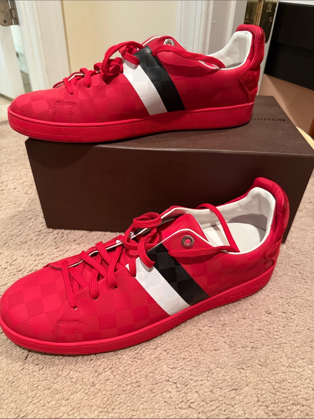 Louis Vuitton Red Sneaker with Black & White Stripe Accent - Picture 10 of 12